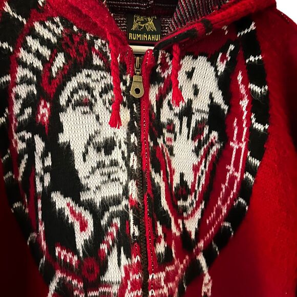 Ruminahui Red, White & Black Wolf & Native American Wool Zip Hooded Sweater M - Picture 7 of 7